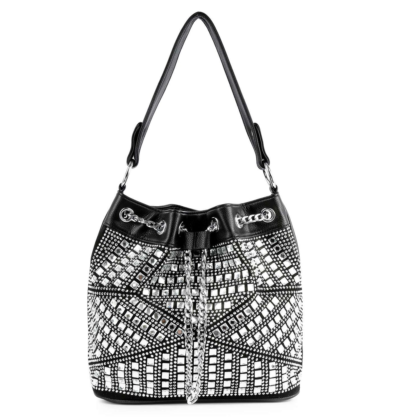 Rhinestone Bling Drawstring Hobo - Dark Red