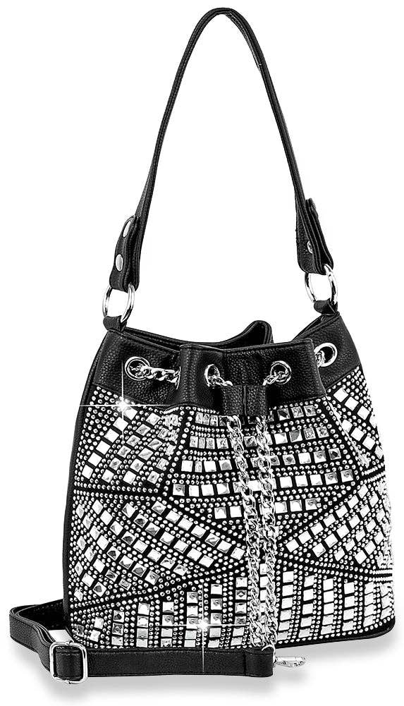 Rhinestone Bling Drawstring Hobo - Dark Red