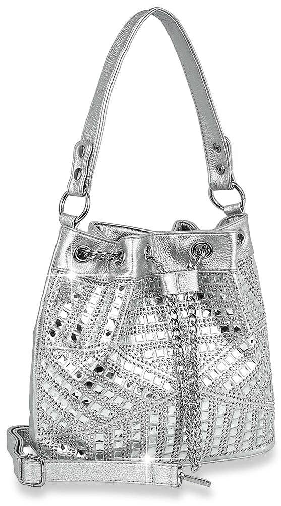 Rhinestone Bling Drawstring Hobo - Dark Red
