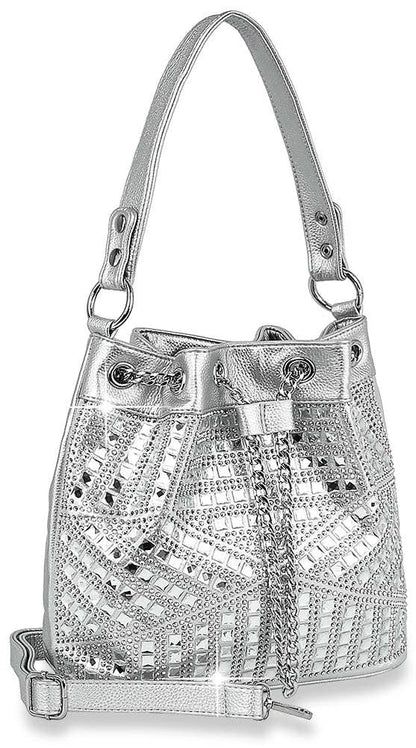 Rhinestone Bling Drawstring Hobo - Dark Red