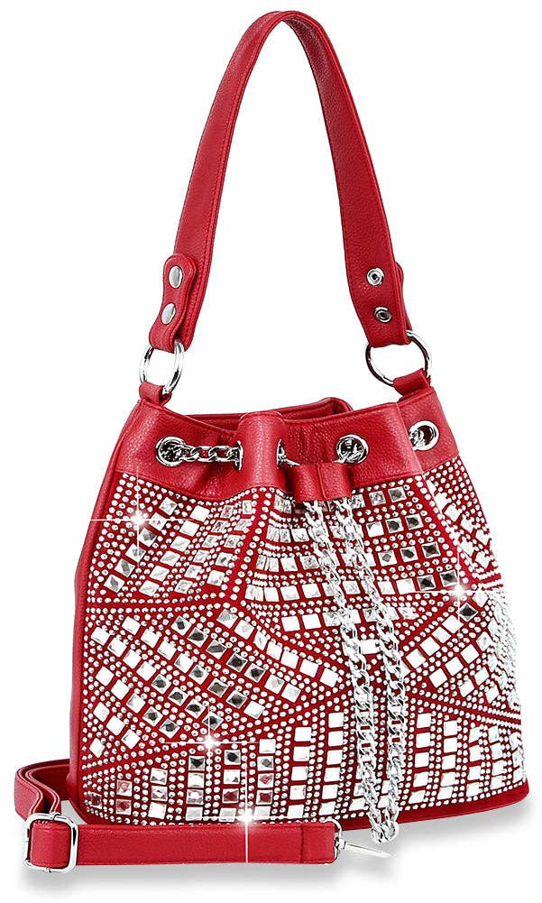 Rhinestone Bling Drawstring Hobo - Dark Red